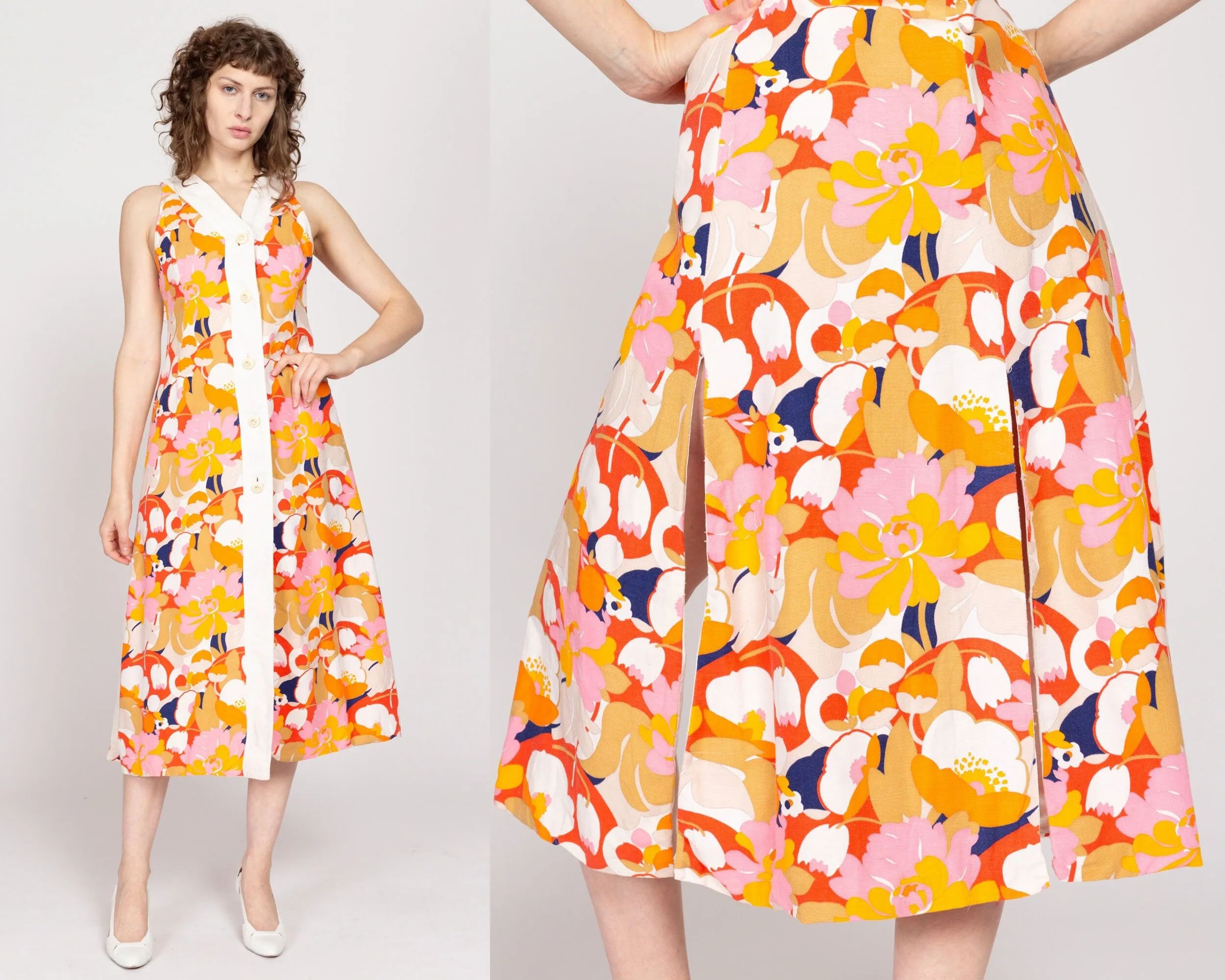 Medium 70s Tropical Floral Midi Cover Up Dress