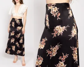 Medium 90s Black Floral Satin Maxi Skirt 28"