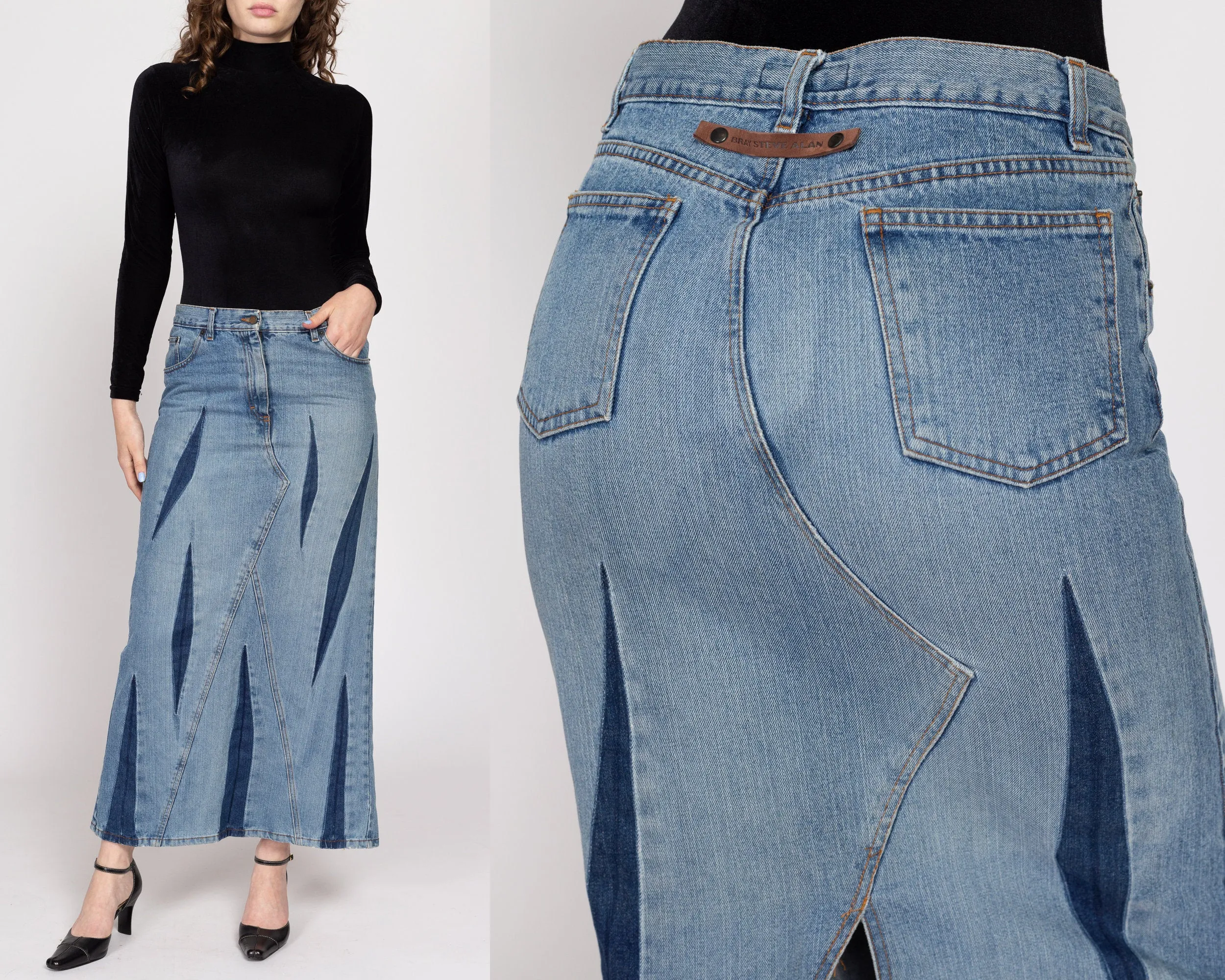 Medium 90s Bray Steve Alan Dagger Slit Denim Maxi Skirt