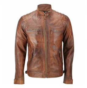 Men's Brown Racer Neck Leather Jacket