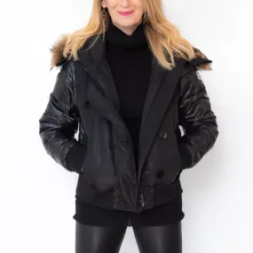 Moncler Black Cropped Jacket Fur Trim Hood Size 4