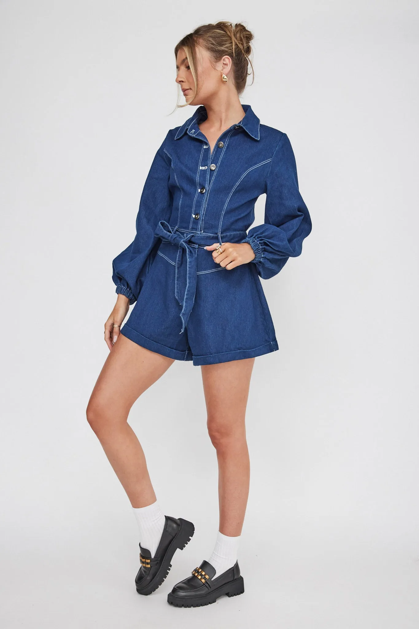 New Day Long Sleeve Button-Up Romper Indigo
