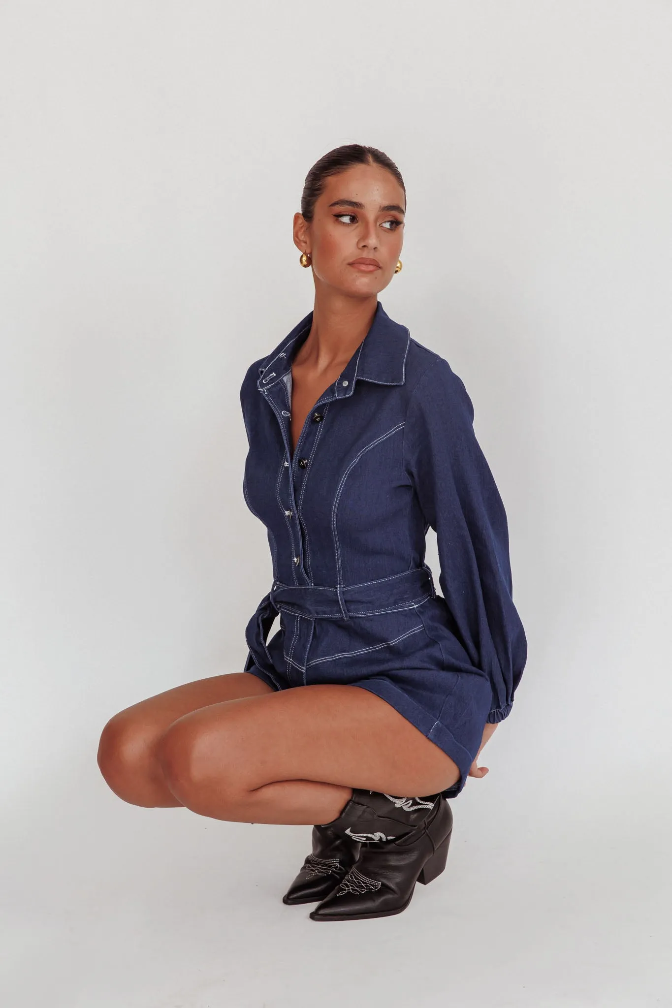 New Day Long Sleeve Button-Up Romper Indigo