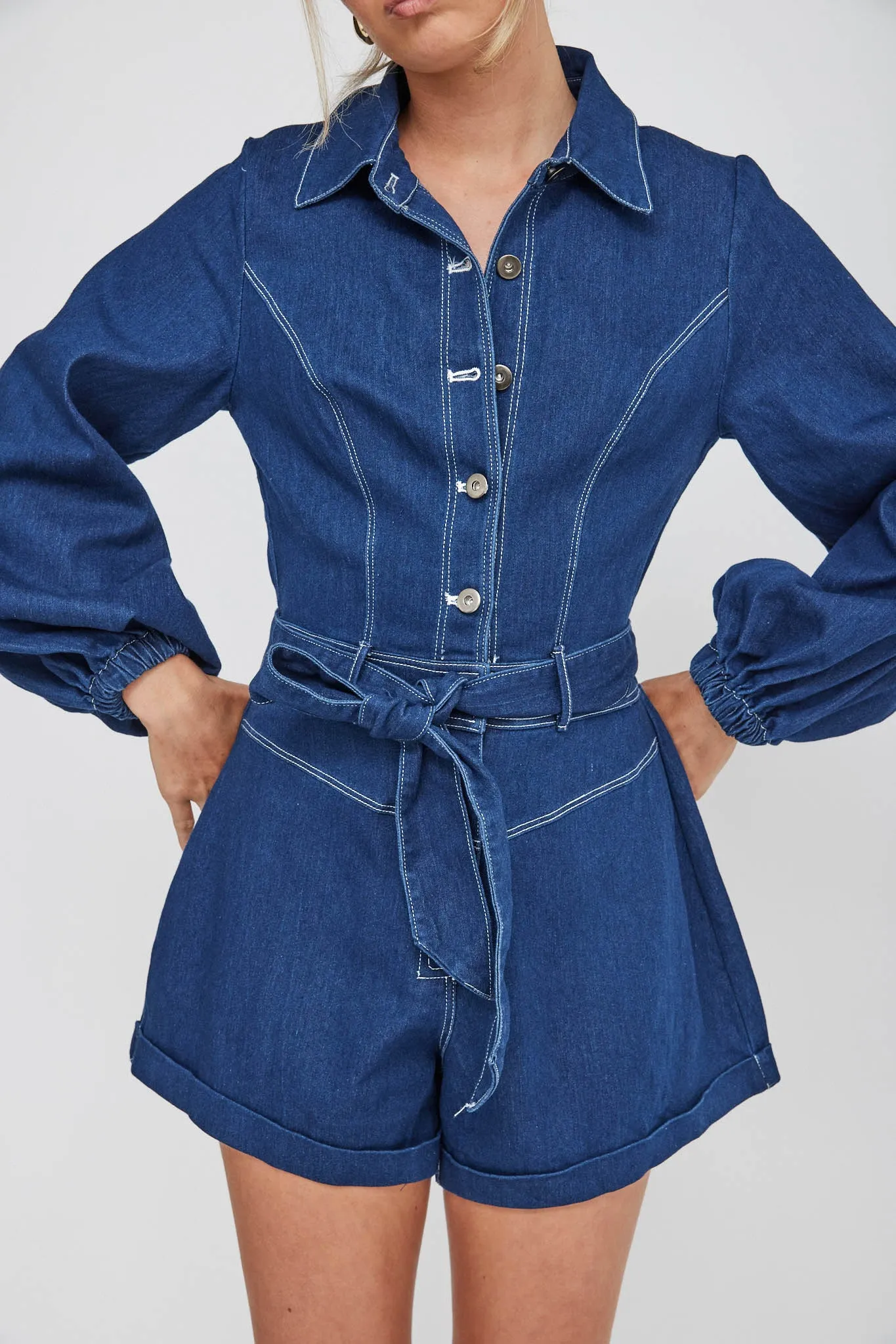 New Day Long Sleeve Button-Up Romper Indigo