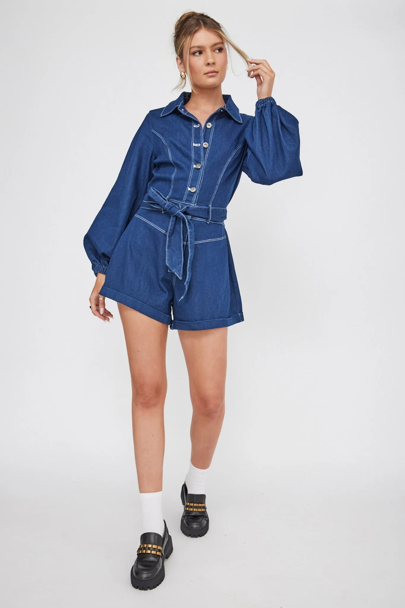 New Day Long Sleeve Button-Up Romper Indigo
