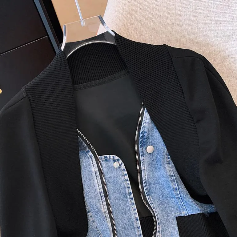 Niche Zipped Denim Patchwork Cardigan