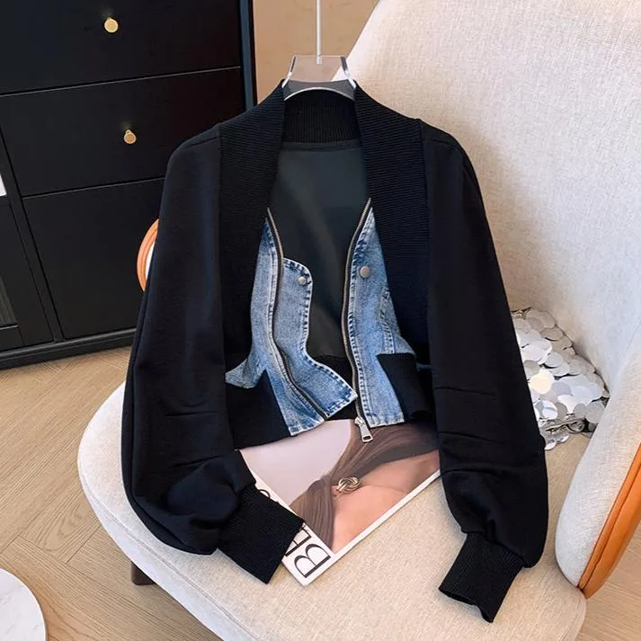 Niche Zipped Denim Patchwork Cardigan