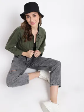 Olive Cropped Denim Jacket With Frey Hem