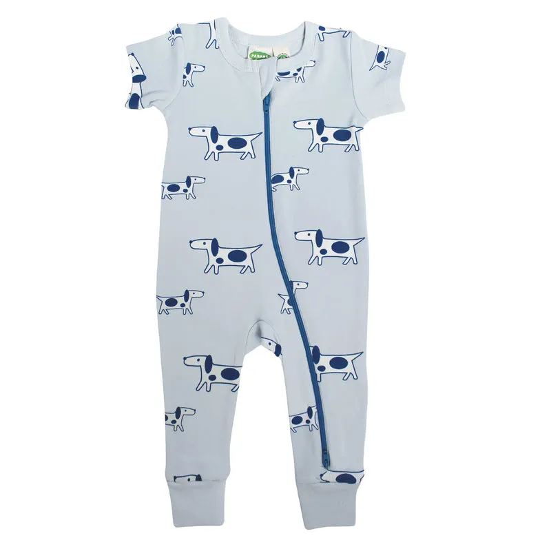 Parade Organics - Organic Cotton Short Sleeve 2-Way Zipper Romper Blue Dogs
