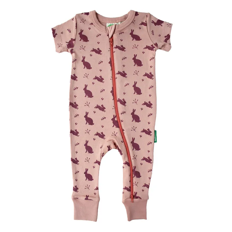 Parade Organics - Organic Cotton Short Sleeve 2-Way Zipper Romper Dusty Pink Bunnies