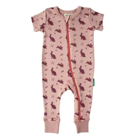 Parade Organics - Organic Cotton Short Sleeve 2-Way Zipper Romper Dusty Pink Bunnies
