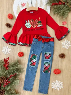 Peace, Love, Christmas Patched Jean Set