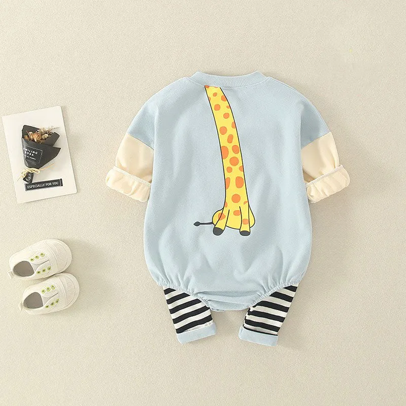 Playful Giraffe and Striped Sleeve Baby Romper in Soft Blue