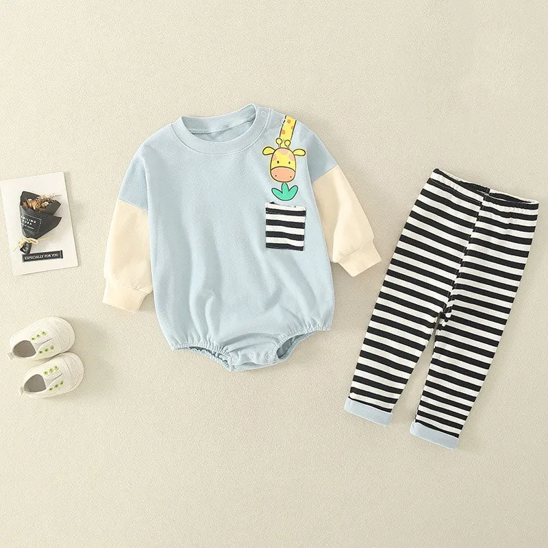Playful Giraffe and Striped Sleeve Baby Romper in Soft Blue