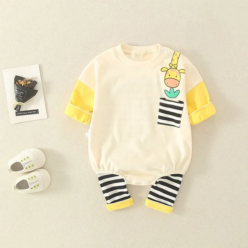 Playful Giraffe and Striped Sleeve Baby Romper in Soft Blue