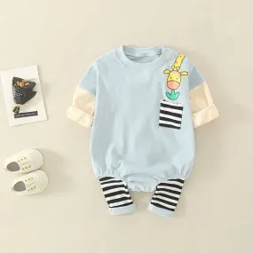 Playful Giraffe and Striped Sleeve Baby Romper in Soft Blue