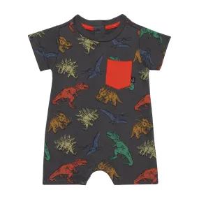 Printed French Terry Romper Charcoal Grey Multicolor Dinosaurs