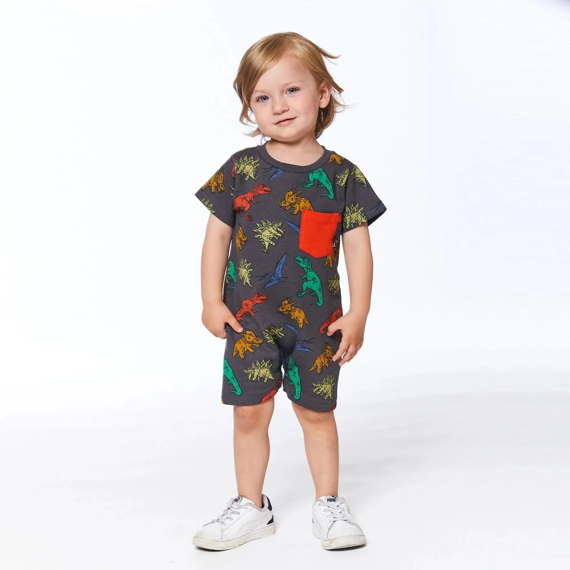 Printed French Terry Romper Charcoal Grey Multicolor Dinosaurs