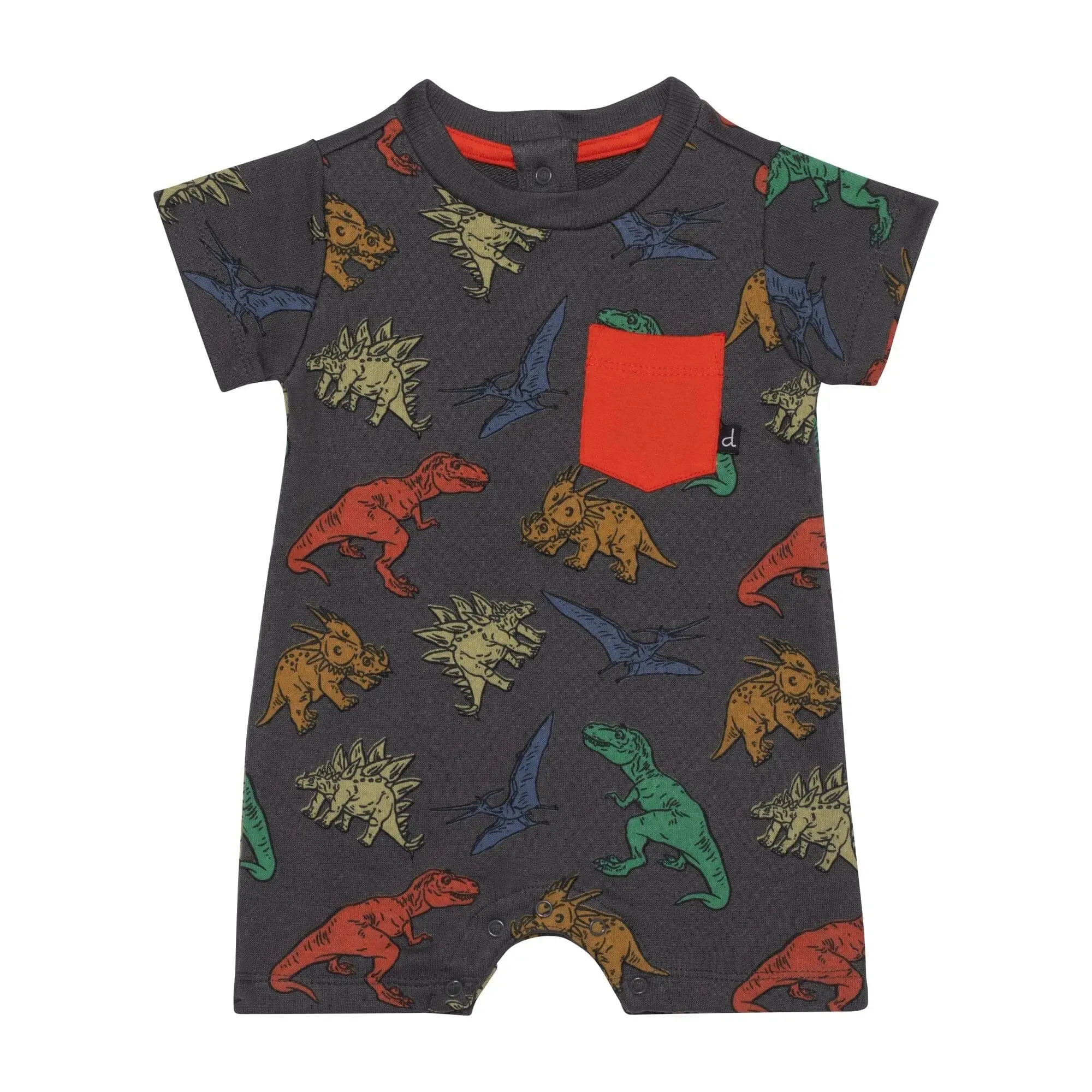Printed French Terry Romper Charcoal Grey Multicolor Dinosaurs