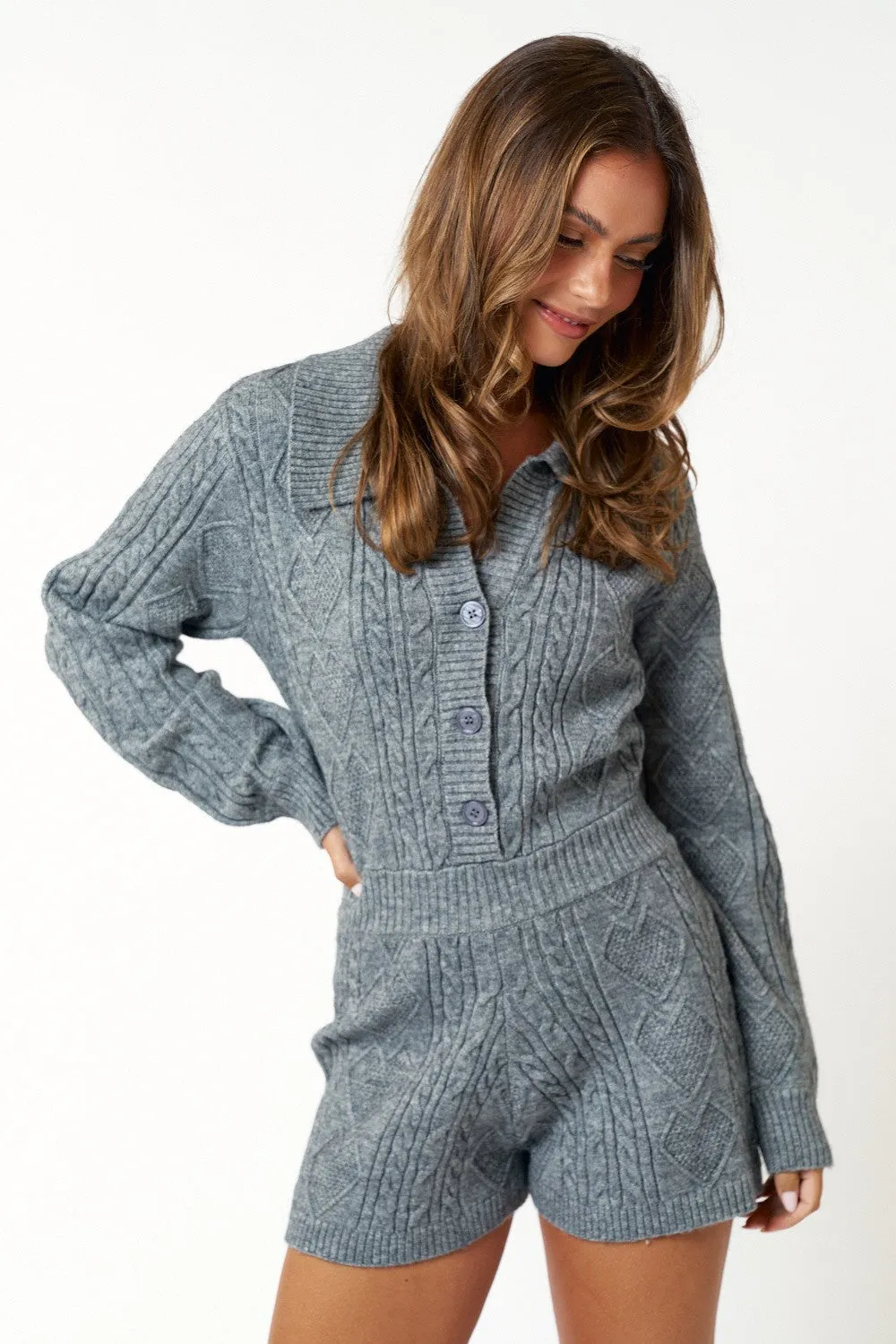 "Snowy Sunday" Gray Knit Long Sleeve Sweater Romper