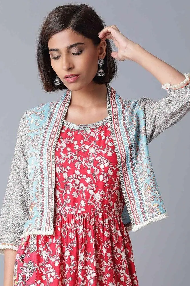 Red All-Over Print Gathered Dress
