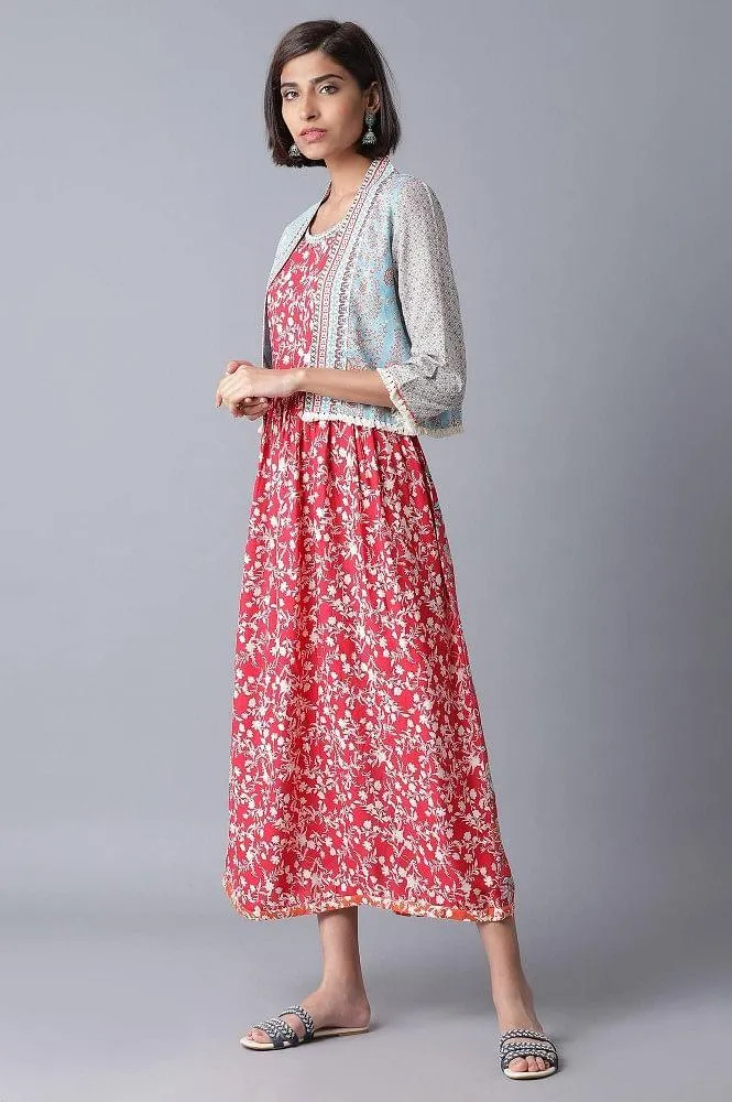 Red All-Over Print Gathered Dress
