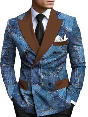 Retro Denim Patchwork Print Lapel Double Breasted Blazer
