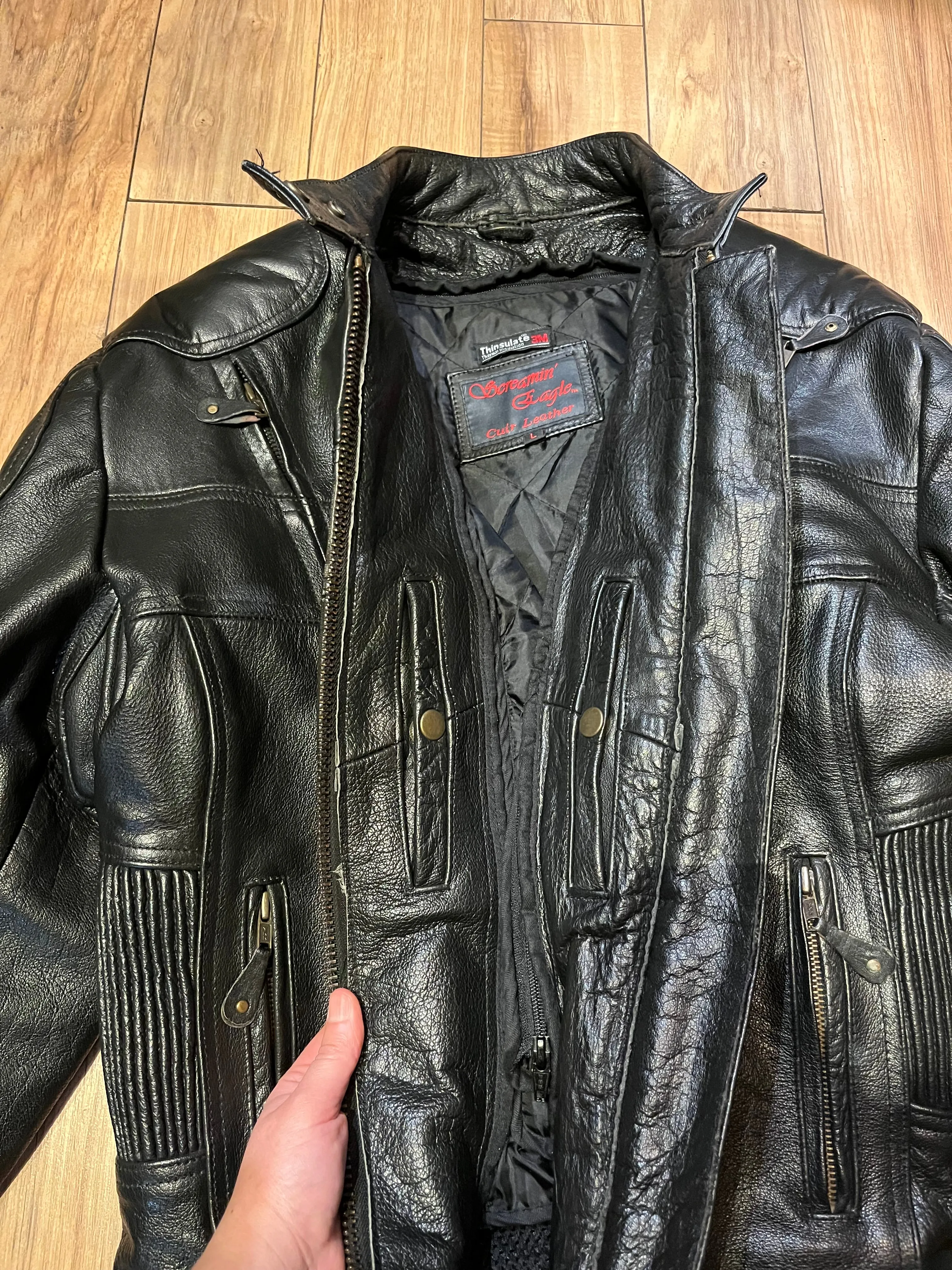 Screamin’ Eagle Black Leather Moto Jacket, Size Large