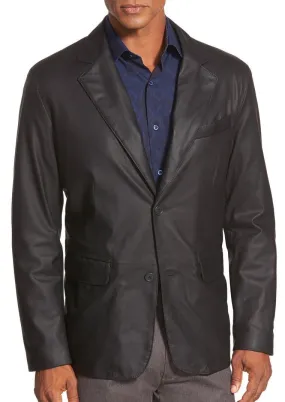 Shop Black Genuine Leather Button Blazer | QAWACH