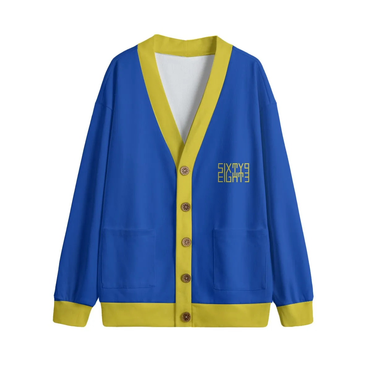 Sixty Eight 93 Logo Gold & Blue Unisex V-Neck Knitted Fleece Cardigan