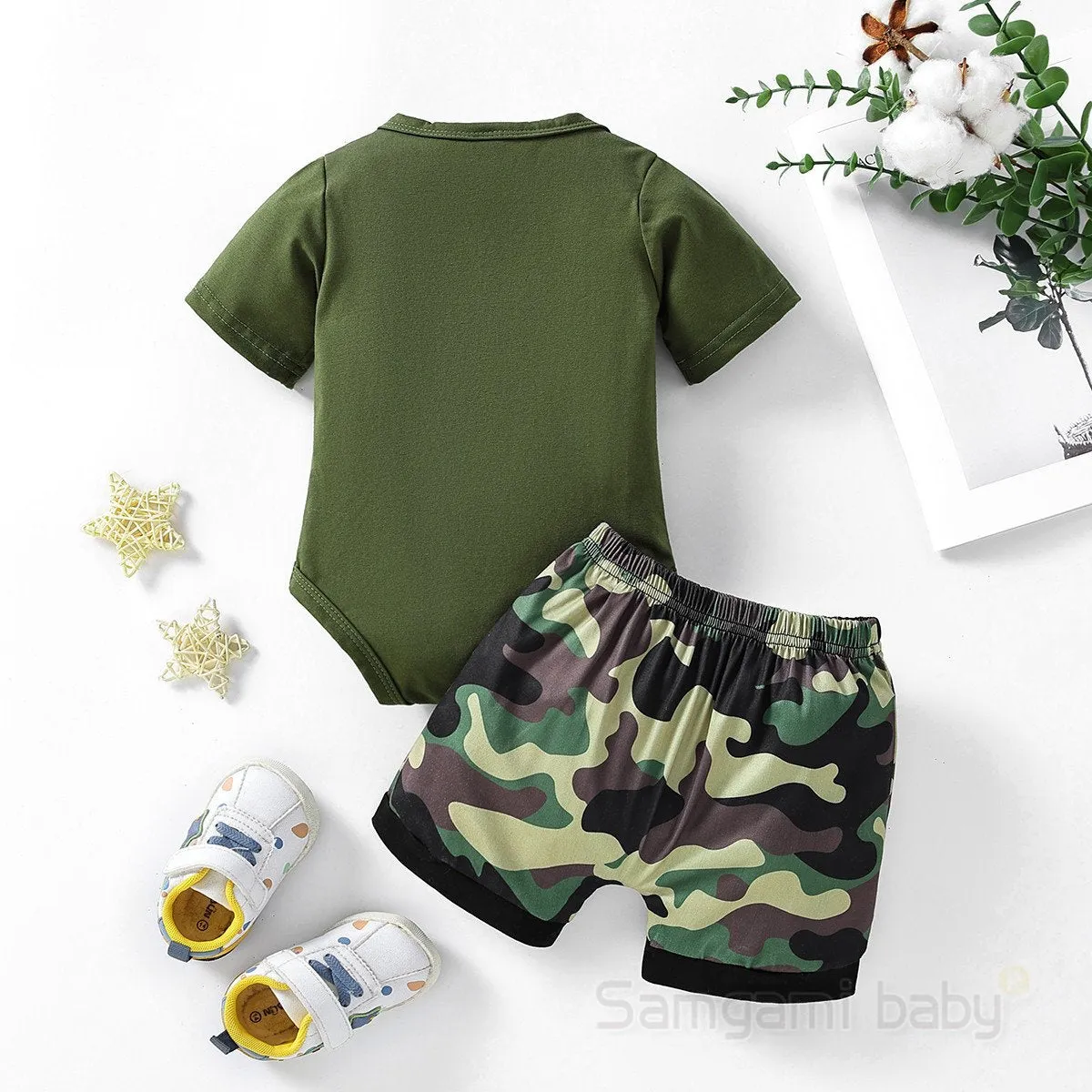 Summer casual baby boy clothing baby set printed green romper camouflage shorts  Wholesale Baby Boy Clothes