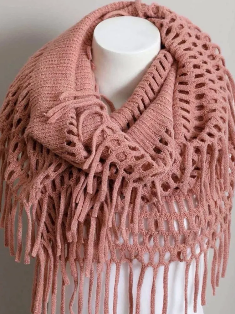 Tassel Knit Fringe Infinity Scarf - Mauve