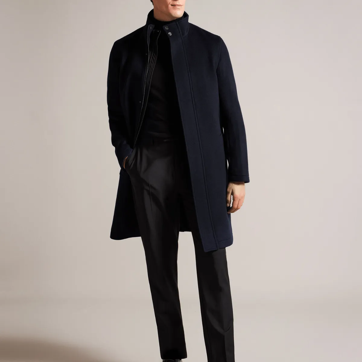 Ted Baker Ederson Wool Blend Funnel Neck Coat in Navy