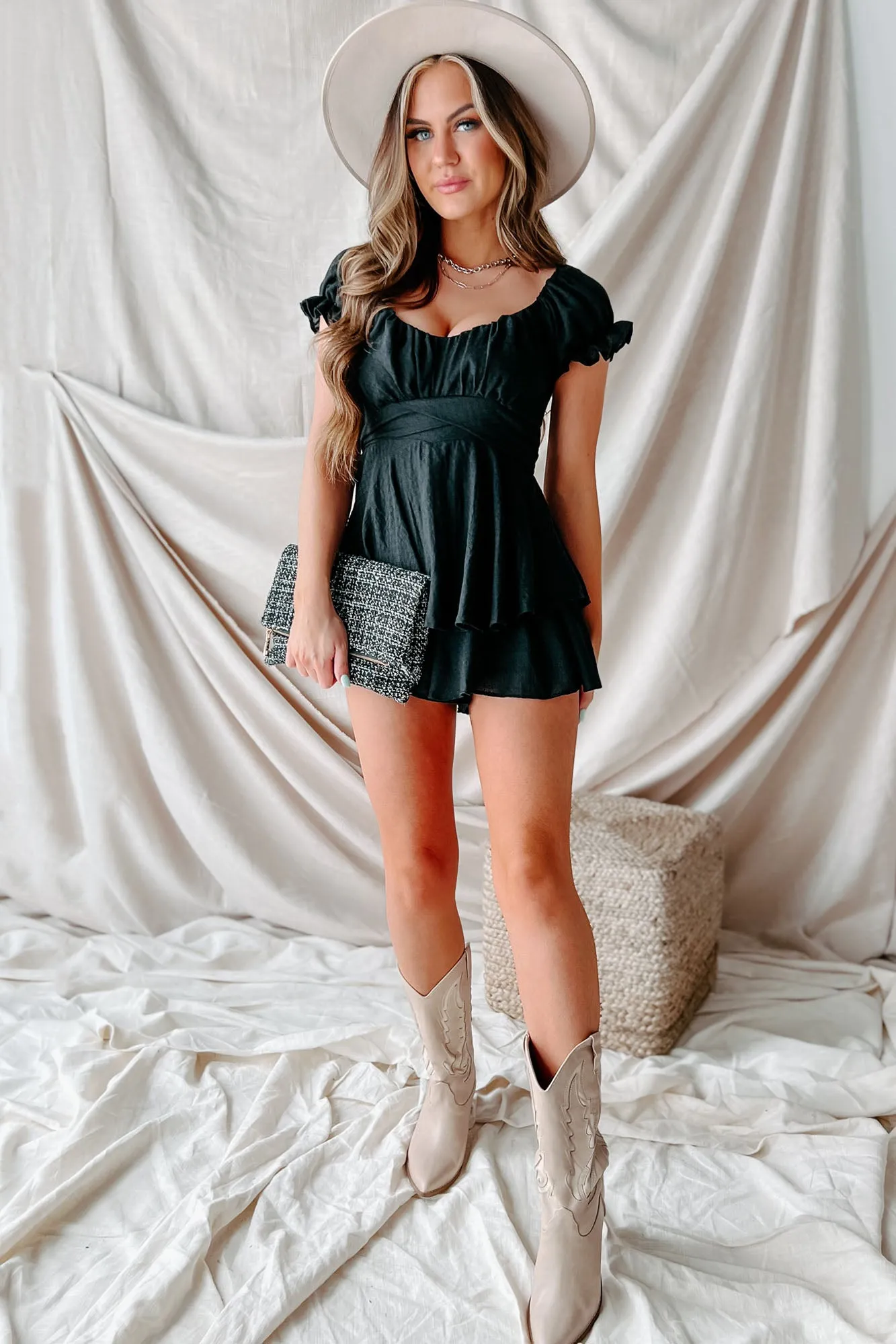 Time To Remember Ruffle Tie-Back Romper (Black)