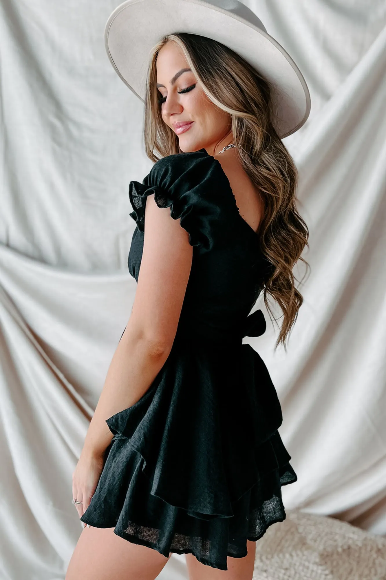Time To Remember Ruffle Tie-Back Romper (Black)