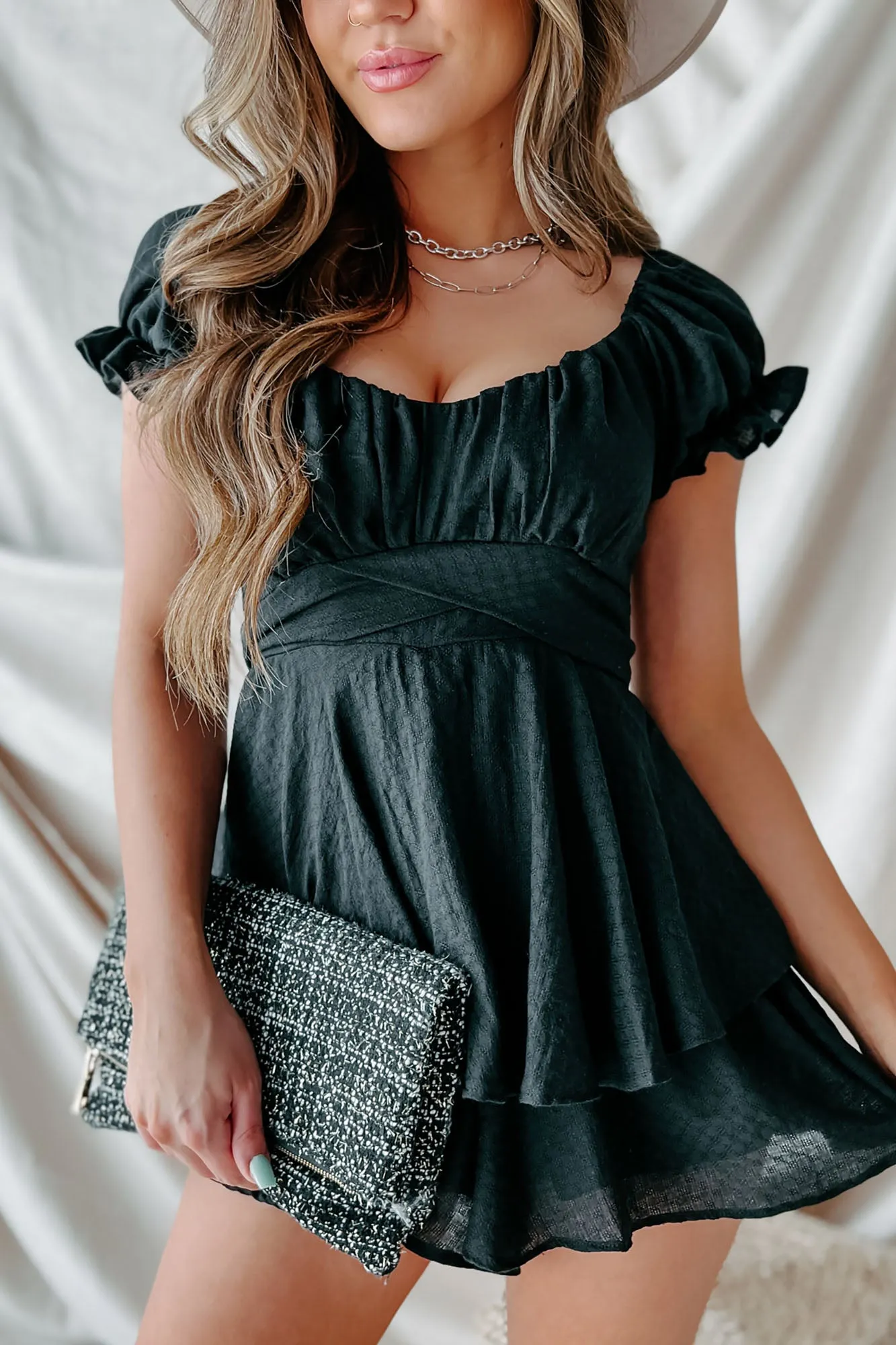 Time To Remember Ruffle Tie-Back Romper (Black)