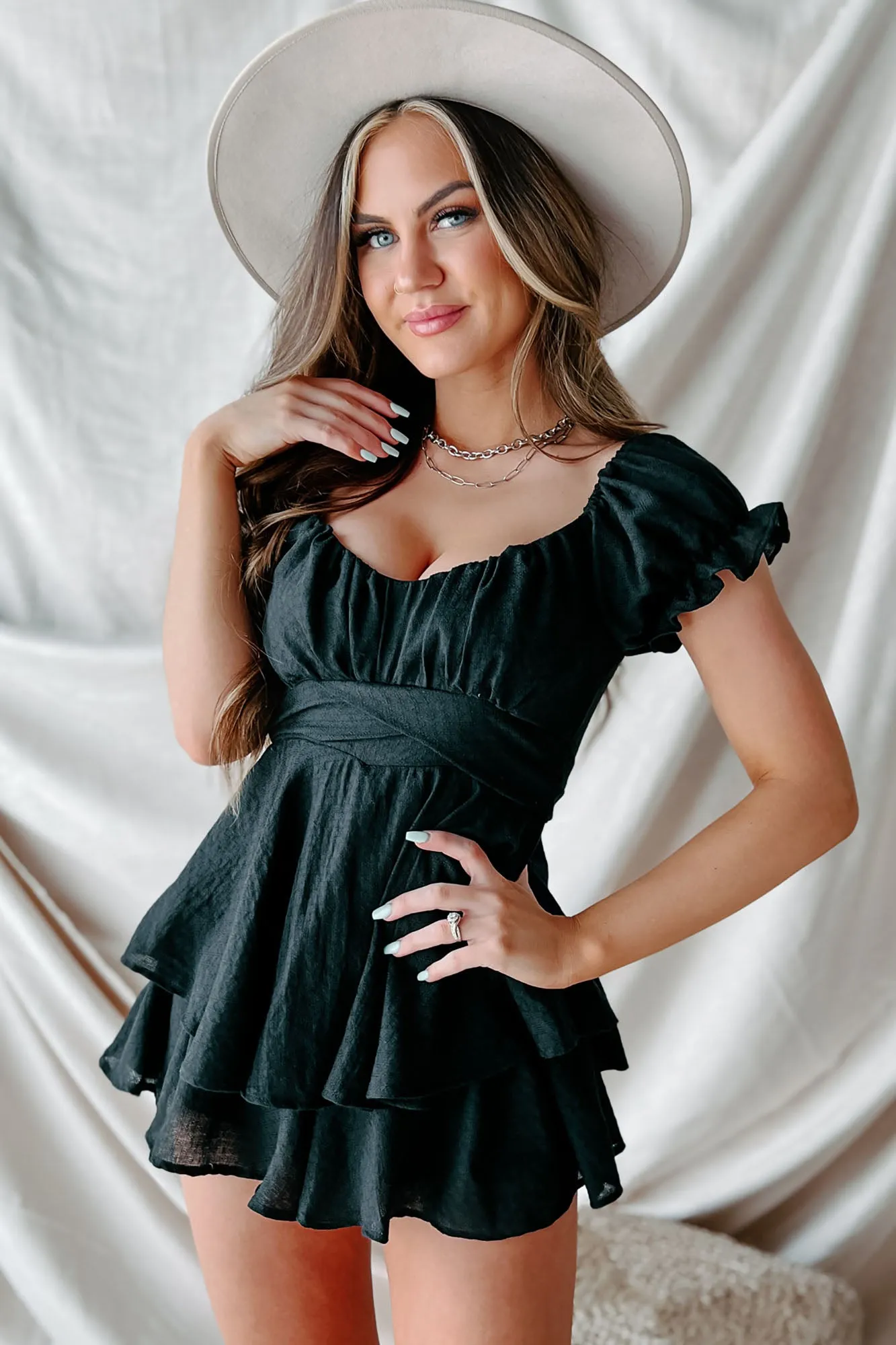 Time To Remember Ruffle Tie-Back Romper (Black)