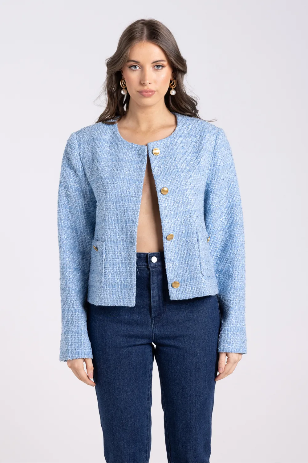 Two T's Crop Boucle Jacket Powder Blue
