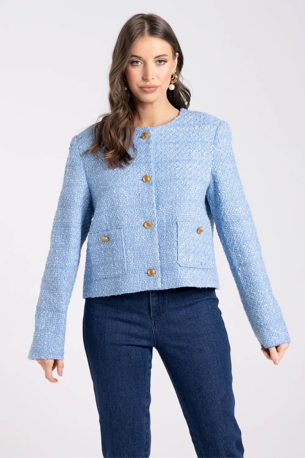 Two T's Crop Boucle Jacket Powder Blue