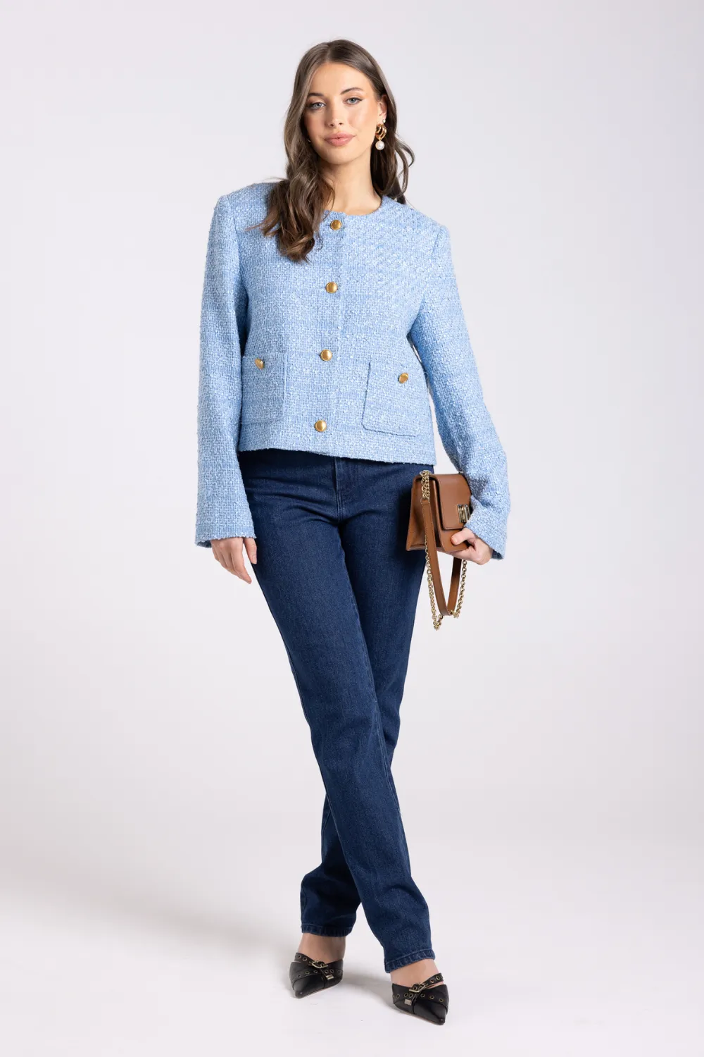 Two T's Crop Boucle Jacket Powder Blue