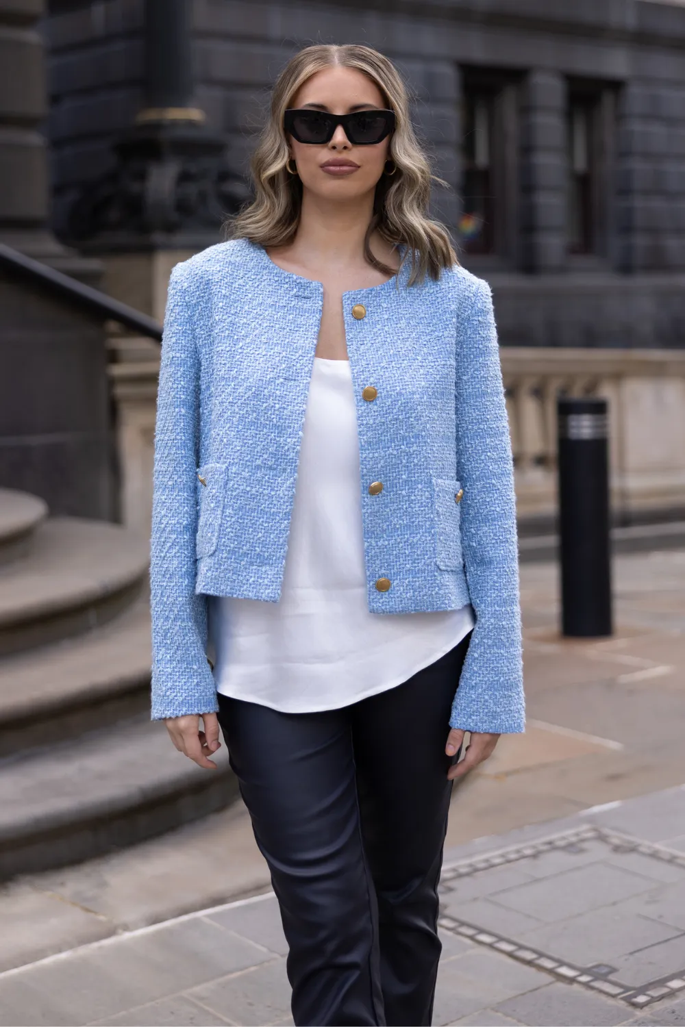 Two T's Crop Boucle Jacket Powder Blue
