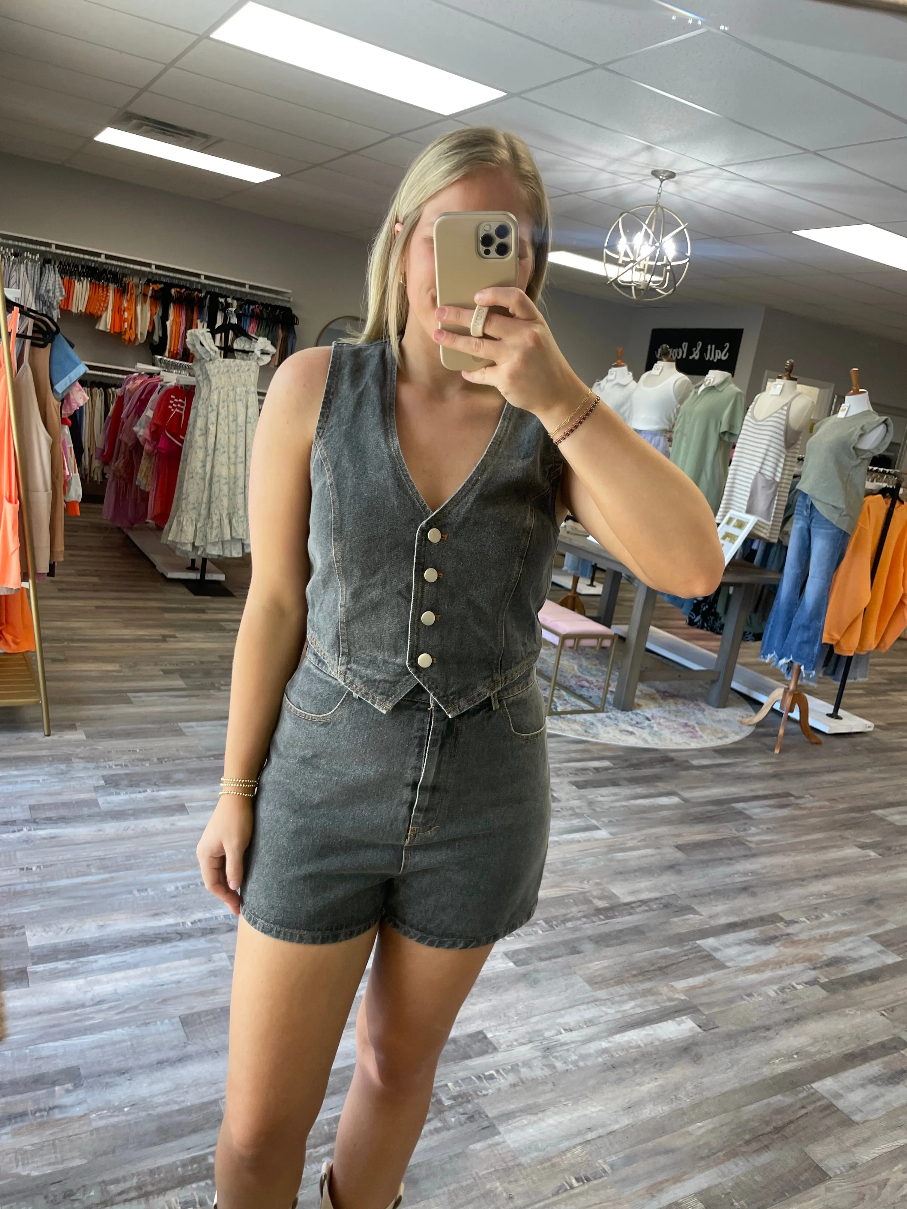 V-neck Vest & Shorts Romper - Washed Black