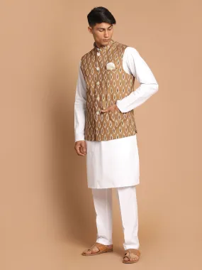 VASTRAMAY Men's Multicolor-Base-Green Cotton Nehru Jacket  With White Cotton Pant