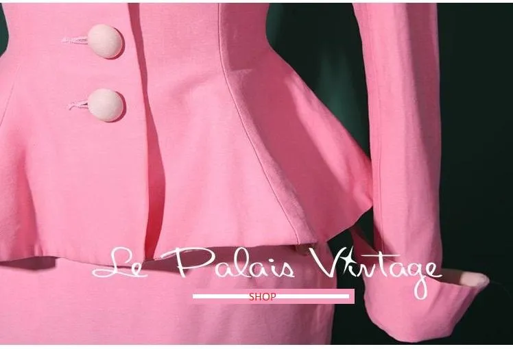 Vintage retro pin up paste pink pencil skirt 2 piece set suit- Simple