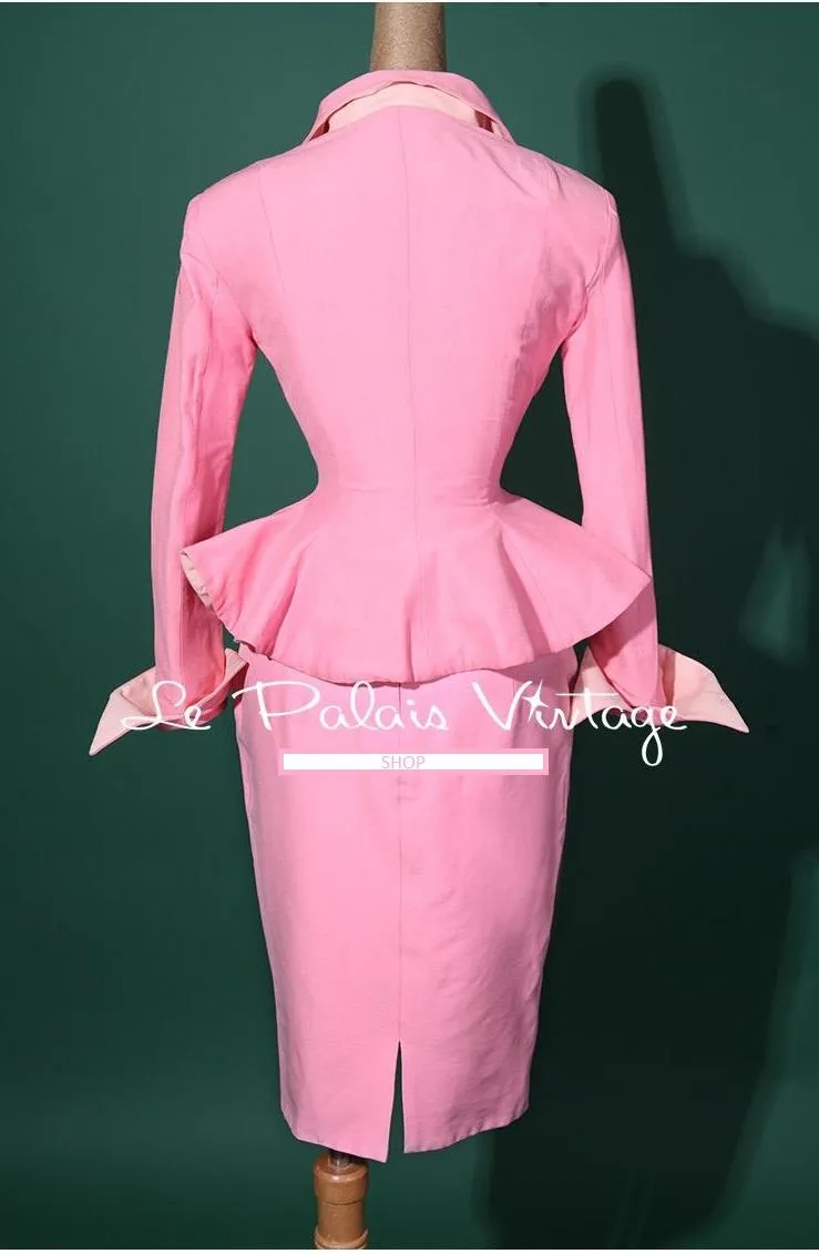 Vintage retro pin up paste pink pencil skirt 2 piece set suit- Simple