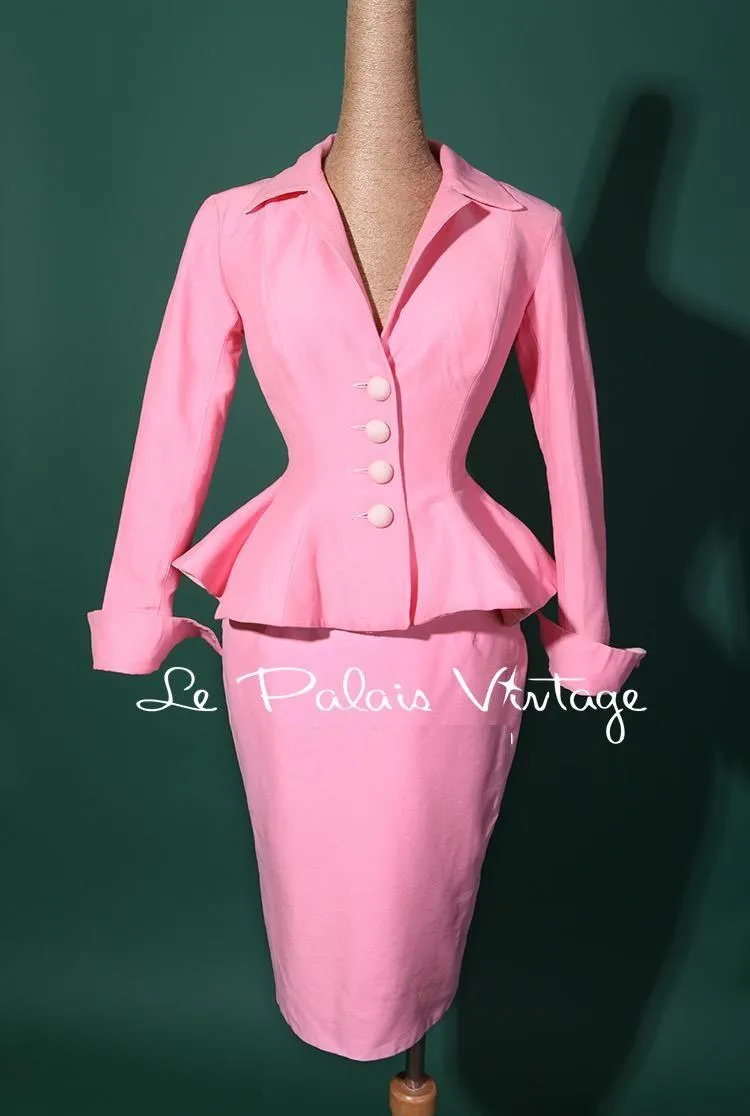 Vintage retro pin up paste pink pencil skirt 2 piece set suit- Simple