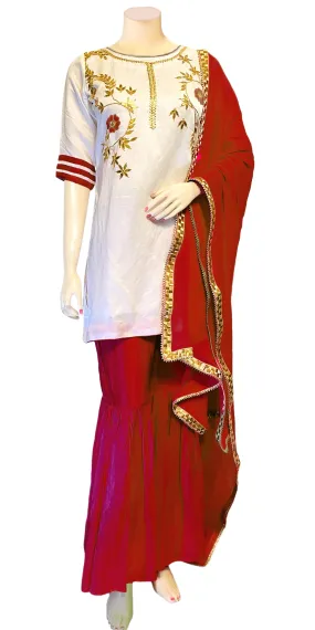 White & Maroon Color Hand embroidered Kurti & Gharara Palazzo Pant with Dupatta set