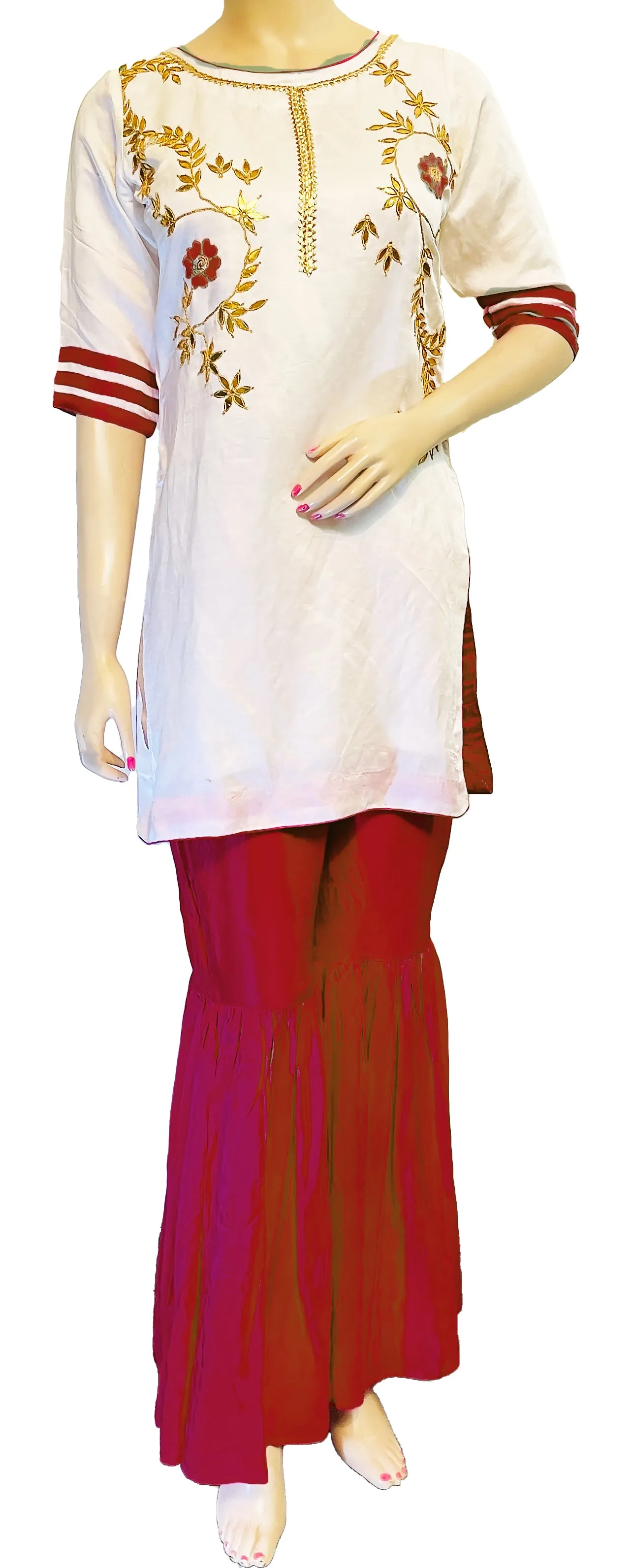 White & Maroon Color Hand embroidered Kurti & Gharara Palazzo Pant with Dupatta set