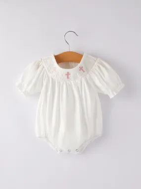 White Smocking Embroidered Crucifix Girls Romper