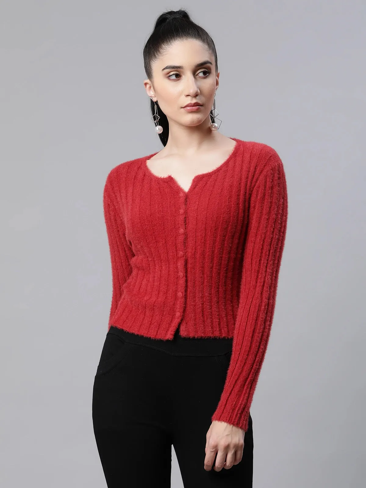 Women Feather Wine Knit Regular Fit Casual Cardigan